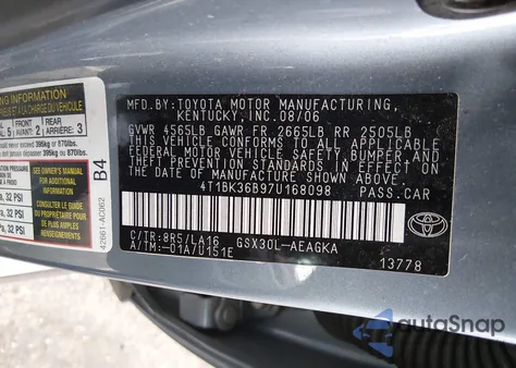 2007 Toyota Avalon Xls z USA, uszkodzony, nr VIN 4T1BK36B97U168098